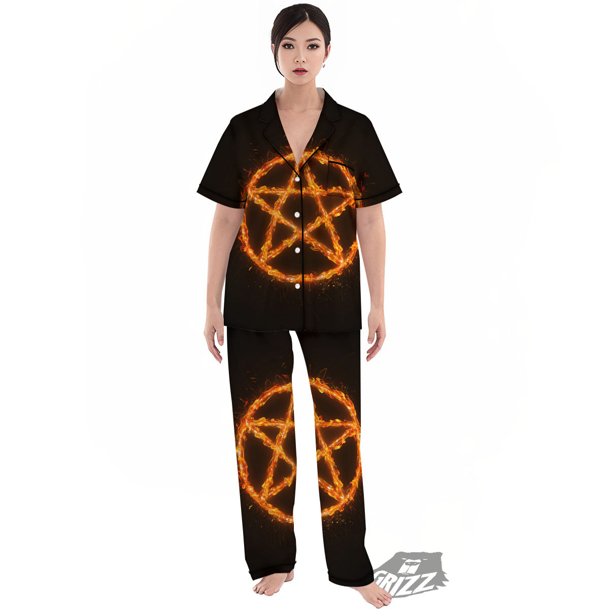 Pentagram Symbol Flaming Print Women's Pajamas Set-grizzshop