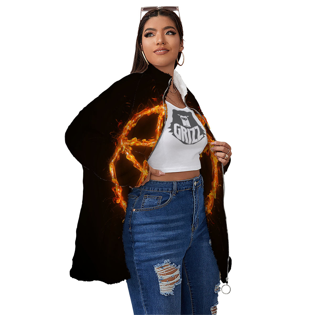 Pentagram Symbol Flaming Print Women's Sherpa Jacket-grizzshop