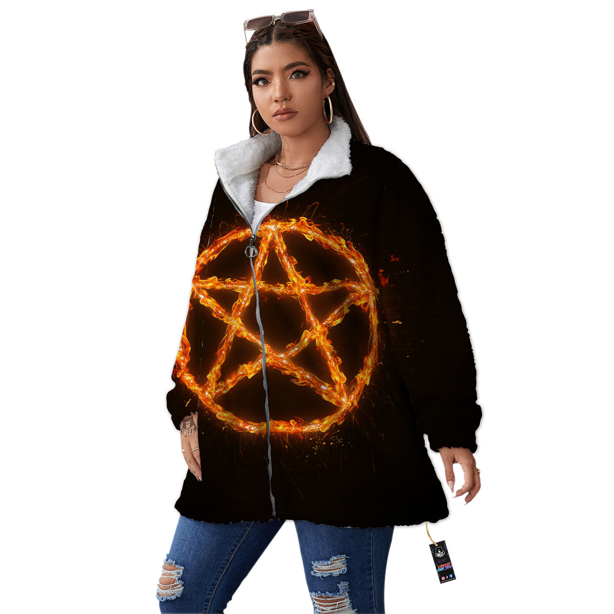 Pentagram Symbol Flaming Print Women's Sherpa Jacket-grizzshop