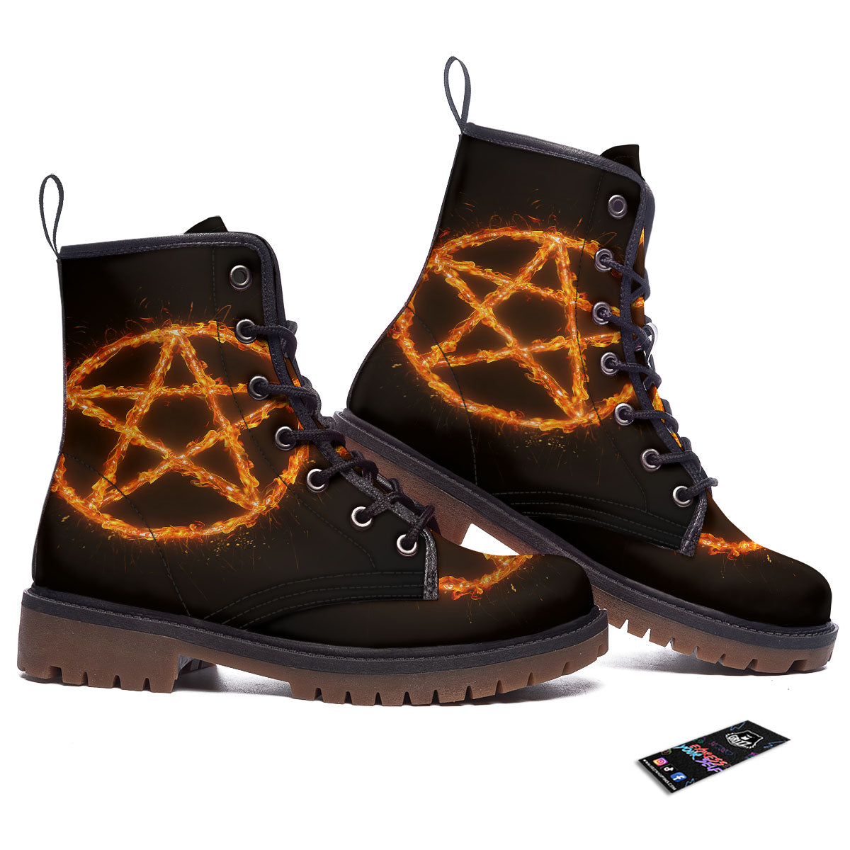 Pentagram Symbol Flaming Print Work Boots-grizzshop