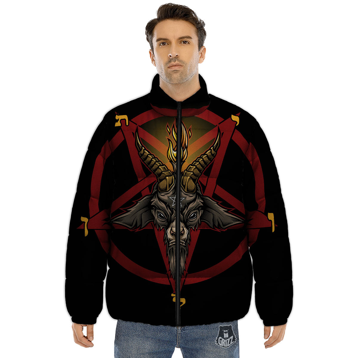 Pentagram Symbol Magic Print Puffer Jacket-grizzshop