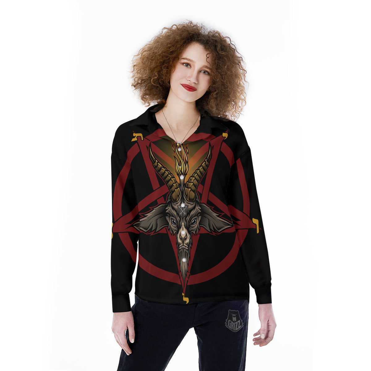 Pentagram Symbol Magic Print Women's Long Sleeve Shirts-grizzshop