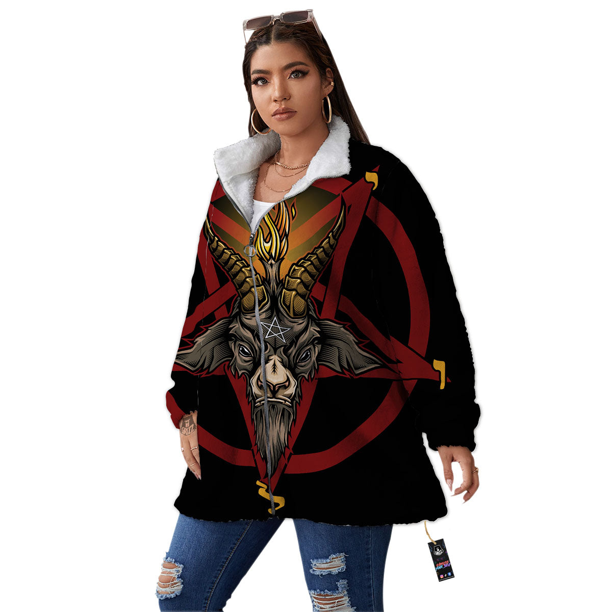 Pentagram Symbol Magic Print Women's Sherpa Jacket-grizzshop