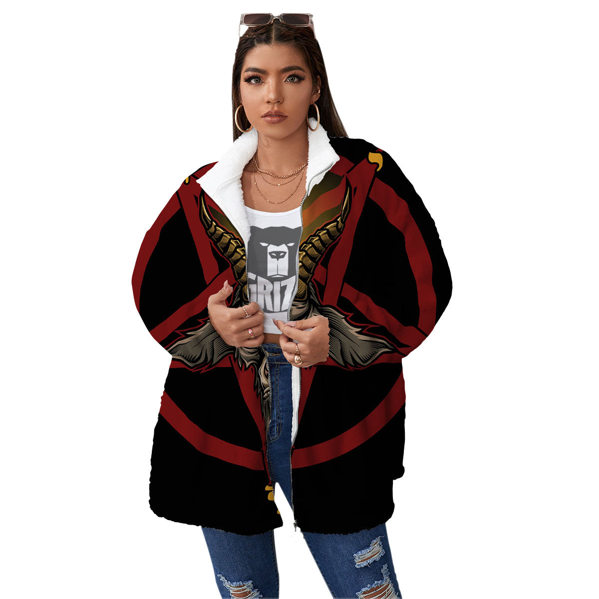 Pentagram Symbol Magic Print Women's Sherpa Jacket-grizzshop