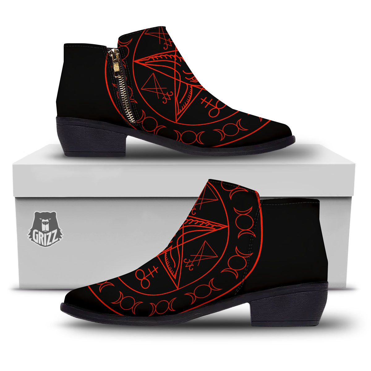 Pentagram Symbol Red Satanic Print Ankle Boots-grizzshop
