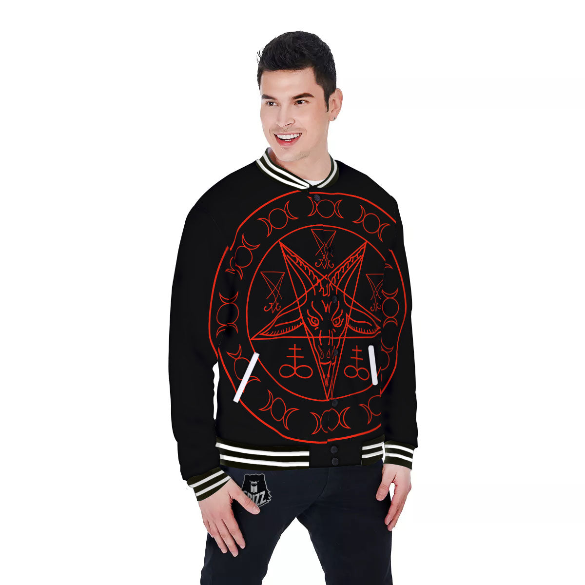 Pentagram Symbol Red Satanic Print Baseball Jacket-grizzshop
