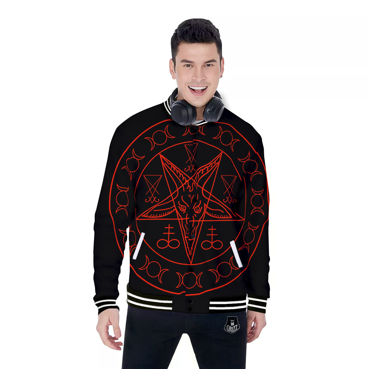Pentagram Symbol Red Satanic Print Baseball Jacket-grizzshop