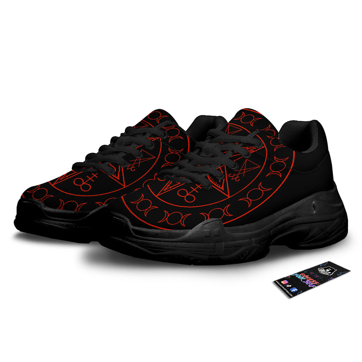 Pentagram Symbol Red Satanic Print Black Chunky Shoes-grizzshop