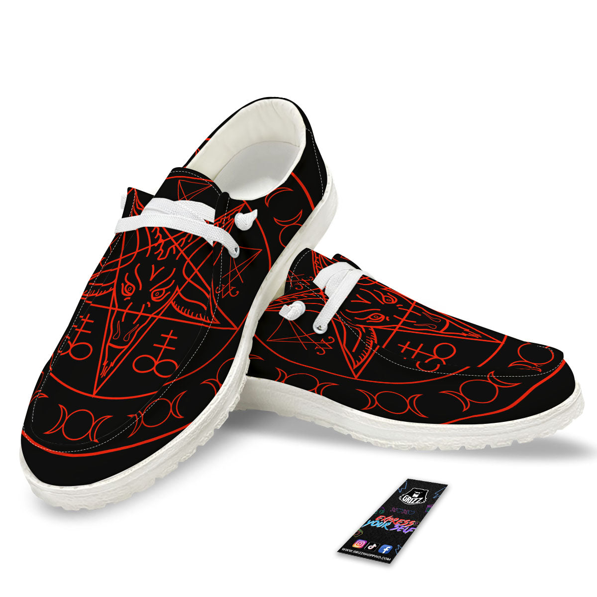 Pentagram Symbol Red Satanic Print Black Loafers-grizzshop