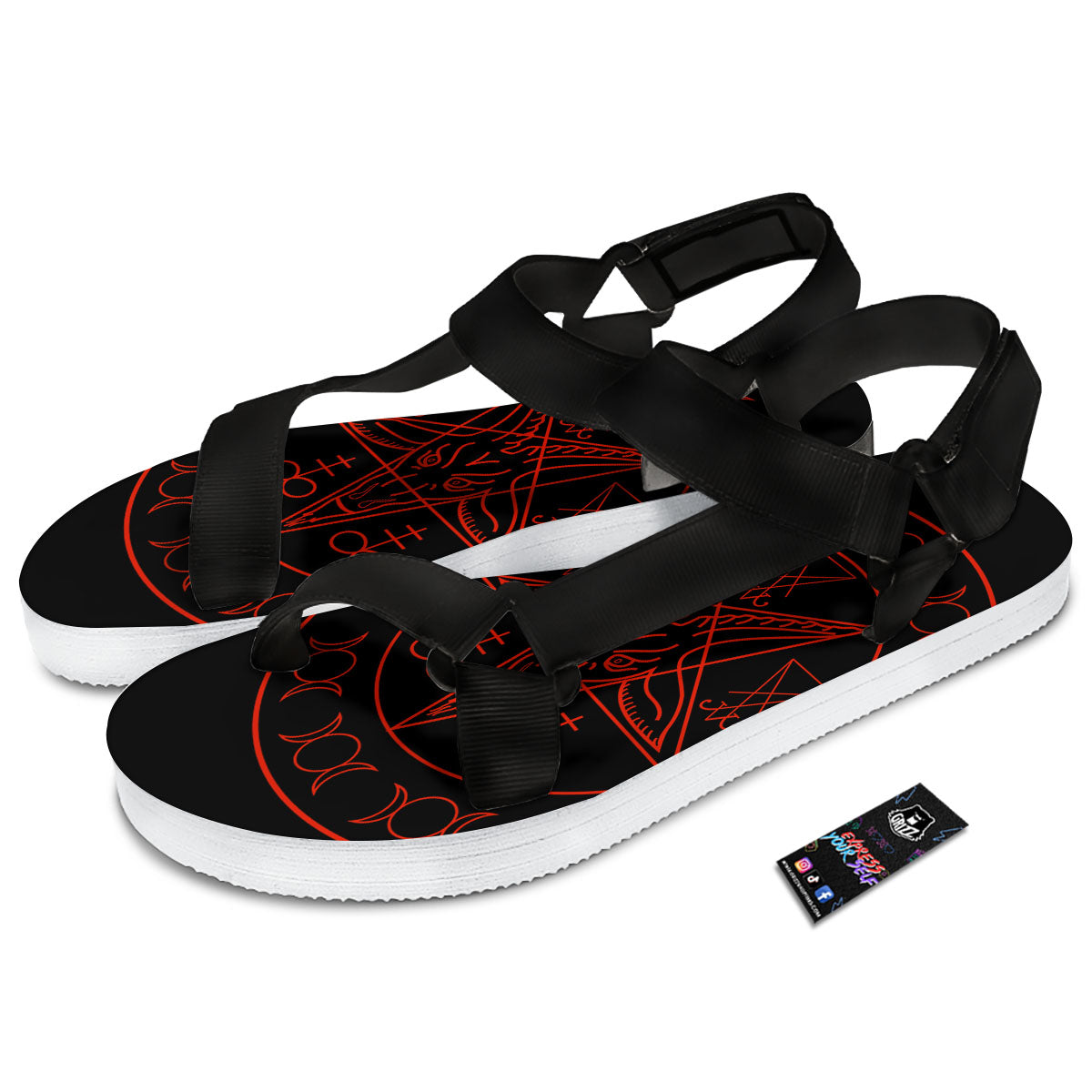 Pentagram Symbol Red Satanic Print Black Open Toe Sandals-grizzshop