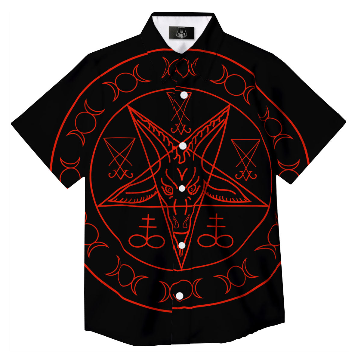Pentagram Symbol Red Satanic Print Button Up Shirt-grizzshop