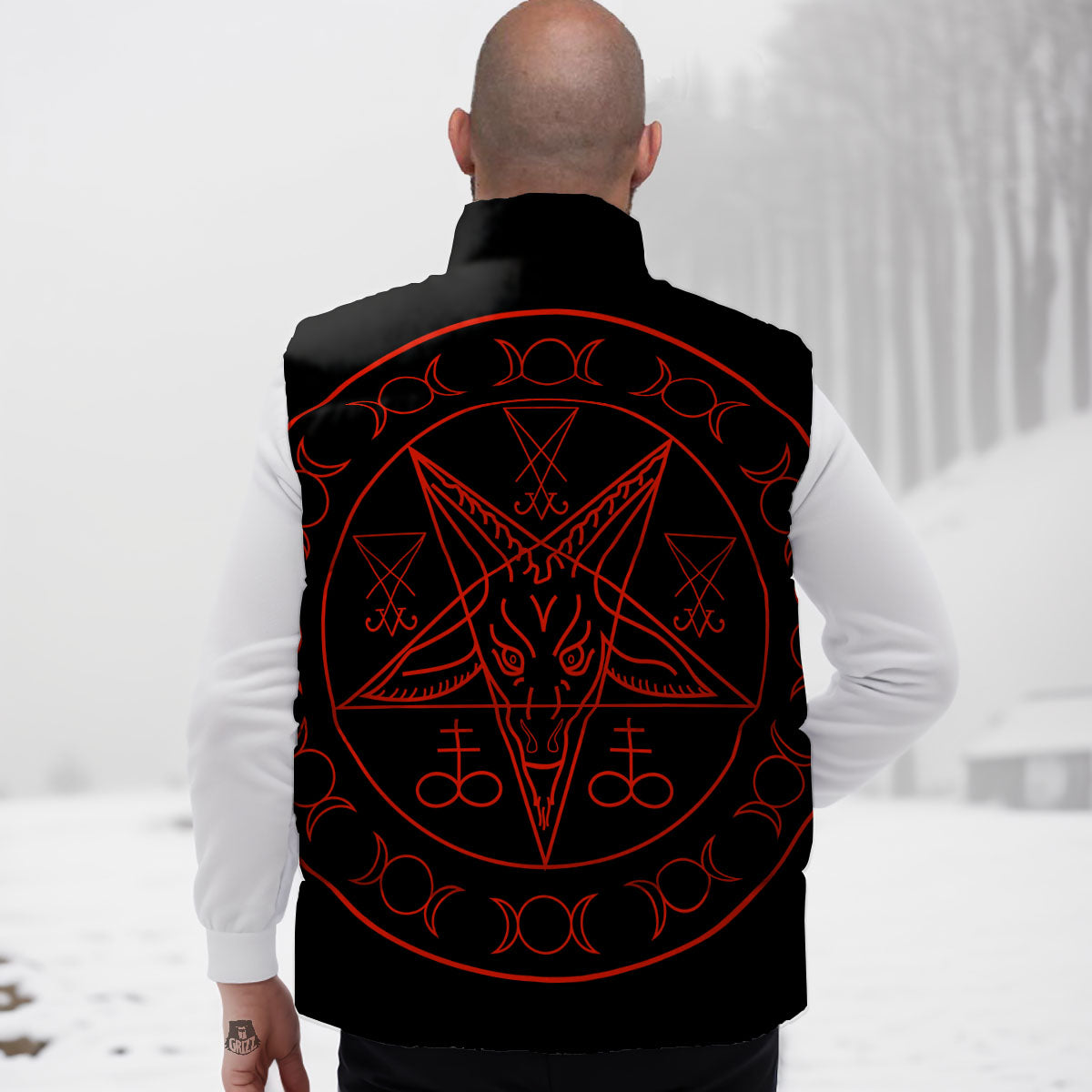 Pentagram Symbol Red Satanic Print Down Vest