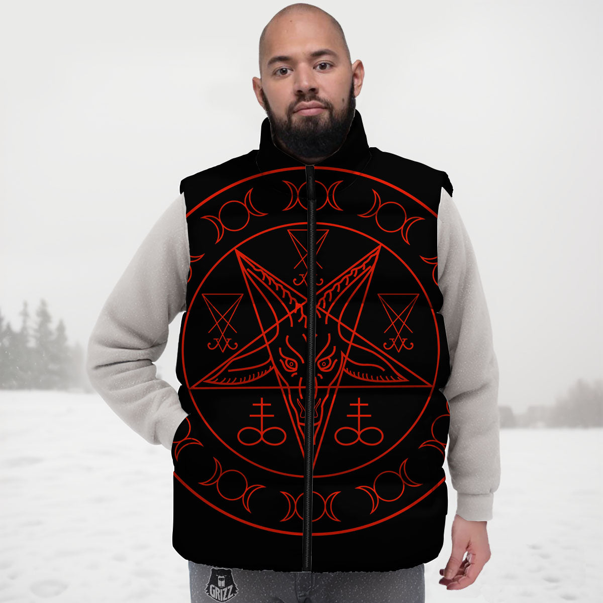 Pentagram Symbol Red Satanic Print Down Vest