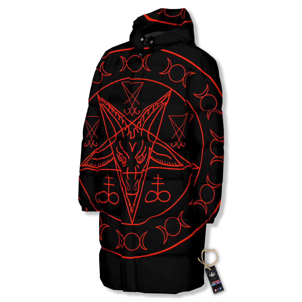 Pentagram Symbol Red Satanic Print Long Down Jacket-grizzshop