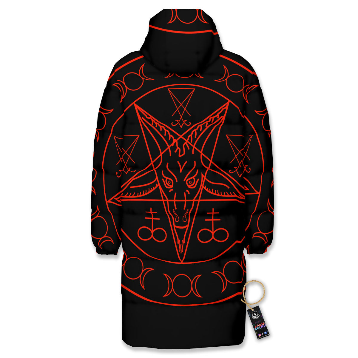Pentagram Symbol Red Satanic Print Long Down Jacket-grizzshop