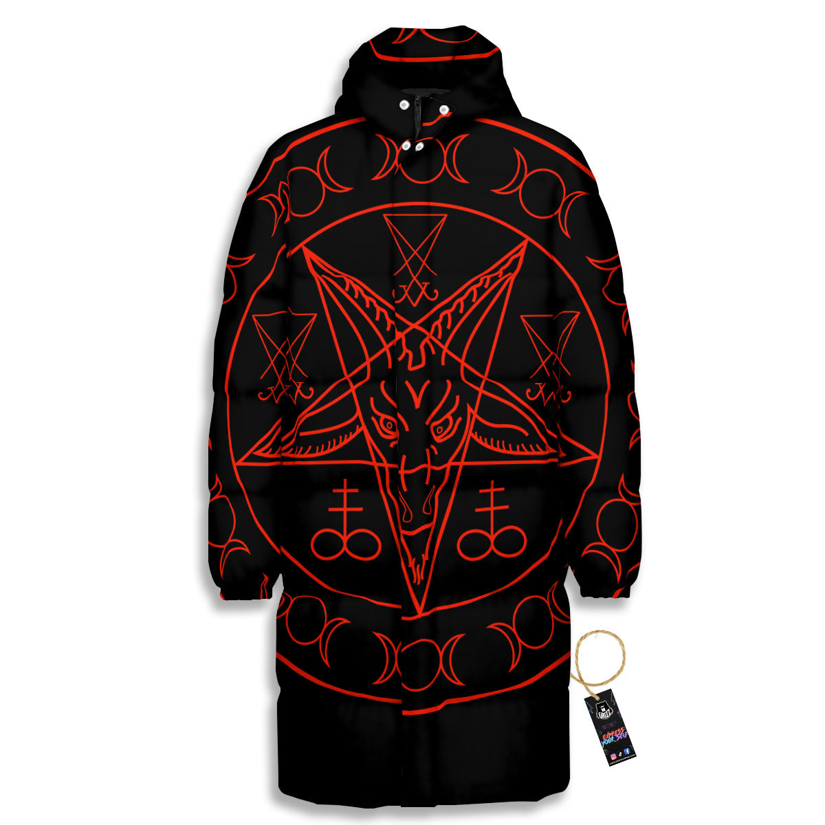 Pentagram Symbol Red Satanic Print Long Down Jacket-grizzshop