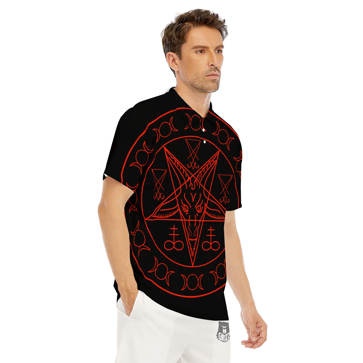 Pentagram Symbol Red Satanic Print Men's Golf Shirts-grizzshop