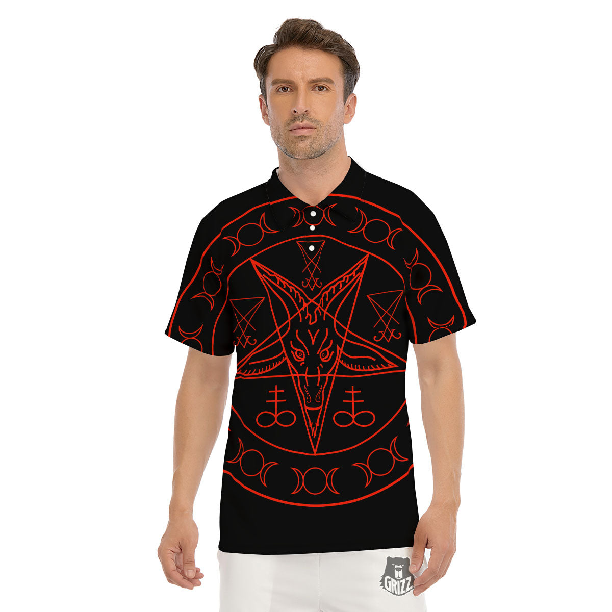 Pentagram Symbol Red Satanic Print Men's Golf Shirts-grizzshop