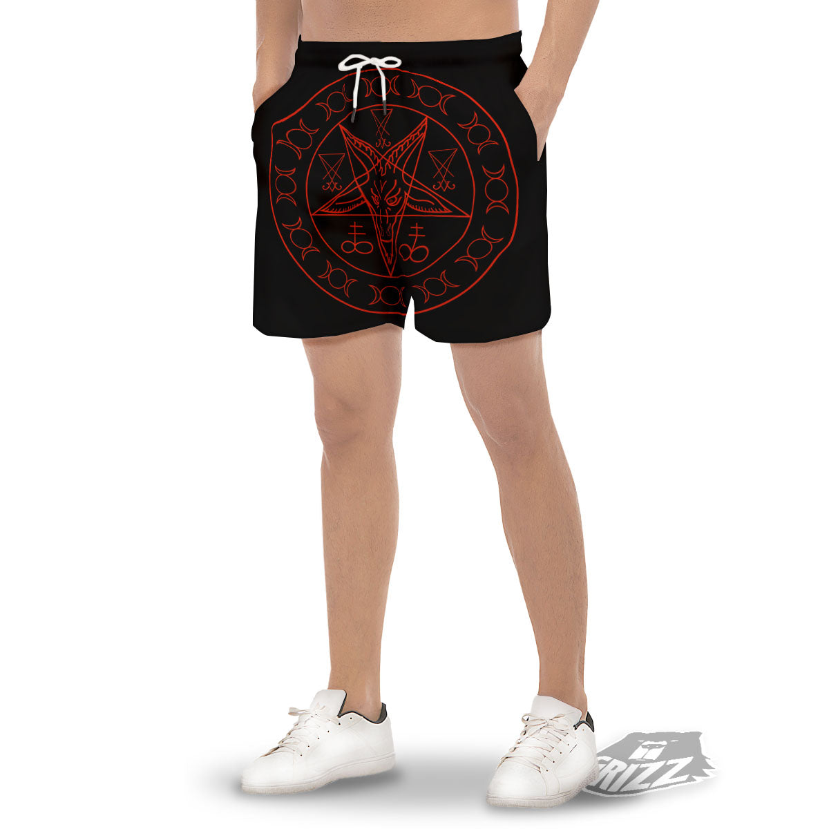Pentagram Symbol Red Satanic Print Men's Gym Shorts-grizzshop