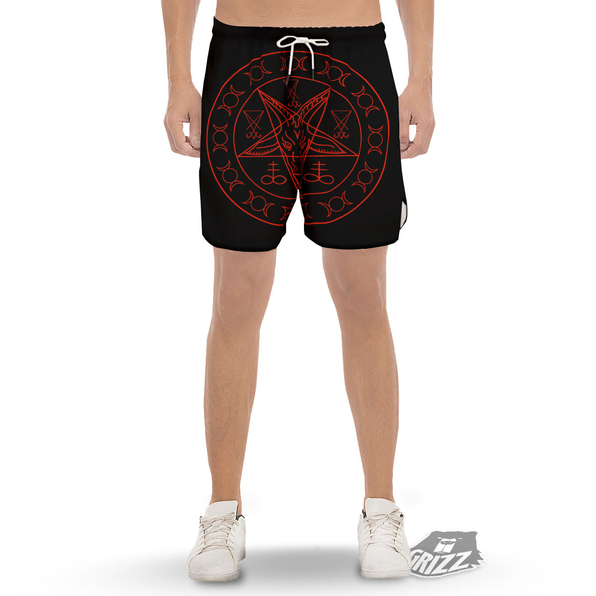 Pentagram Symbol Red Satanic Print Men's Gym Shorts-grizzshop
