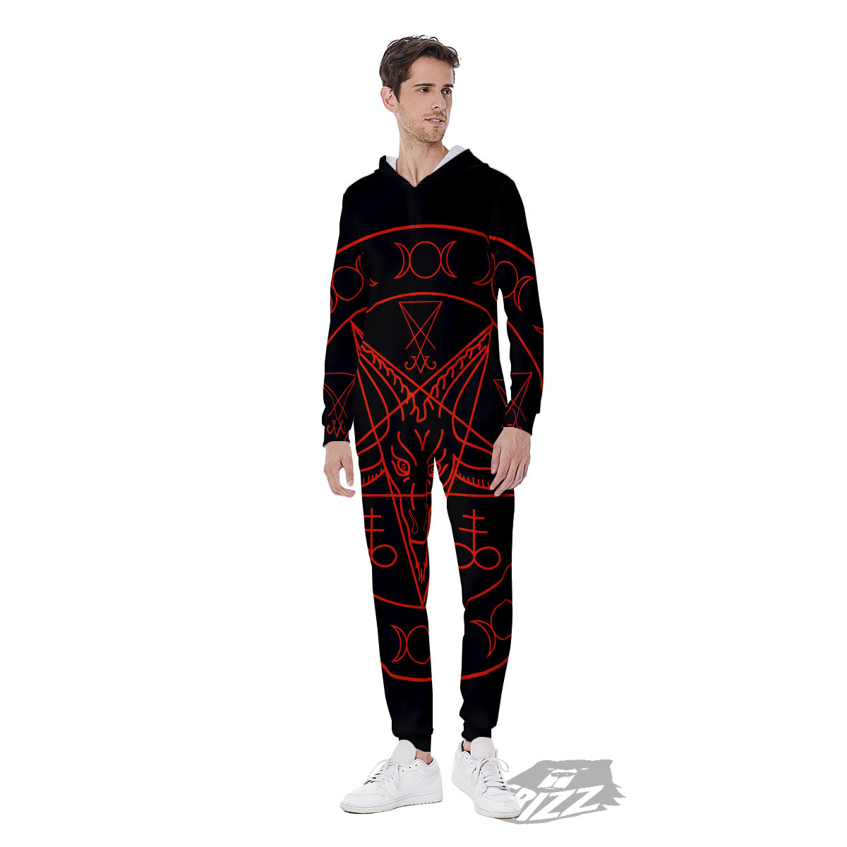 Pentagram Symbol Red Satanic Print Men's Jumpsuit-grizzshop