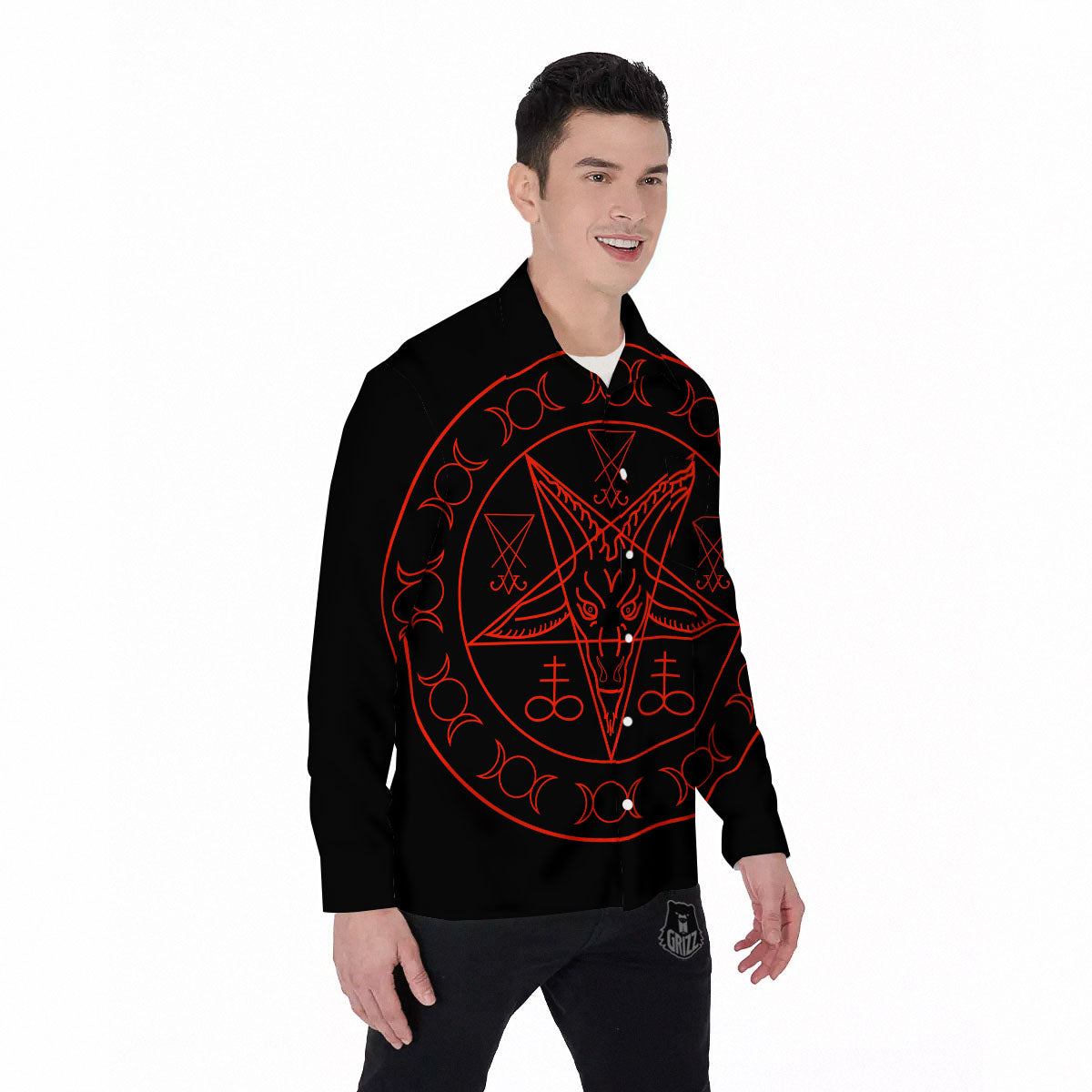 Pentagram Symbol Red Satanic Print Men's Long Sleeve Shirts-grizzshop