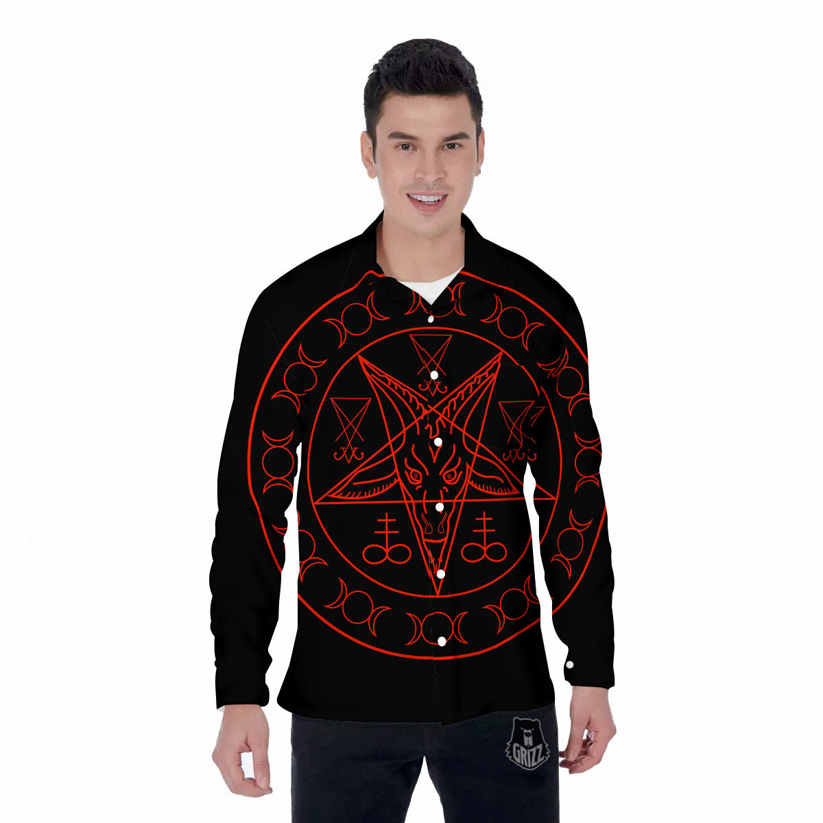 Pentagram Symbol Red Satanic Print Men's Long Sleeve Shirts-grizzshop