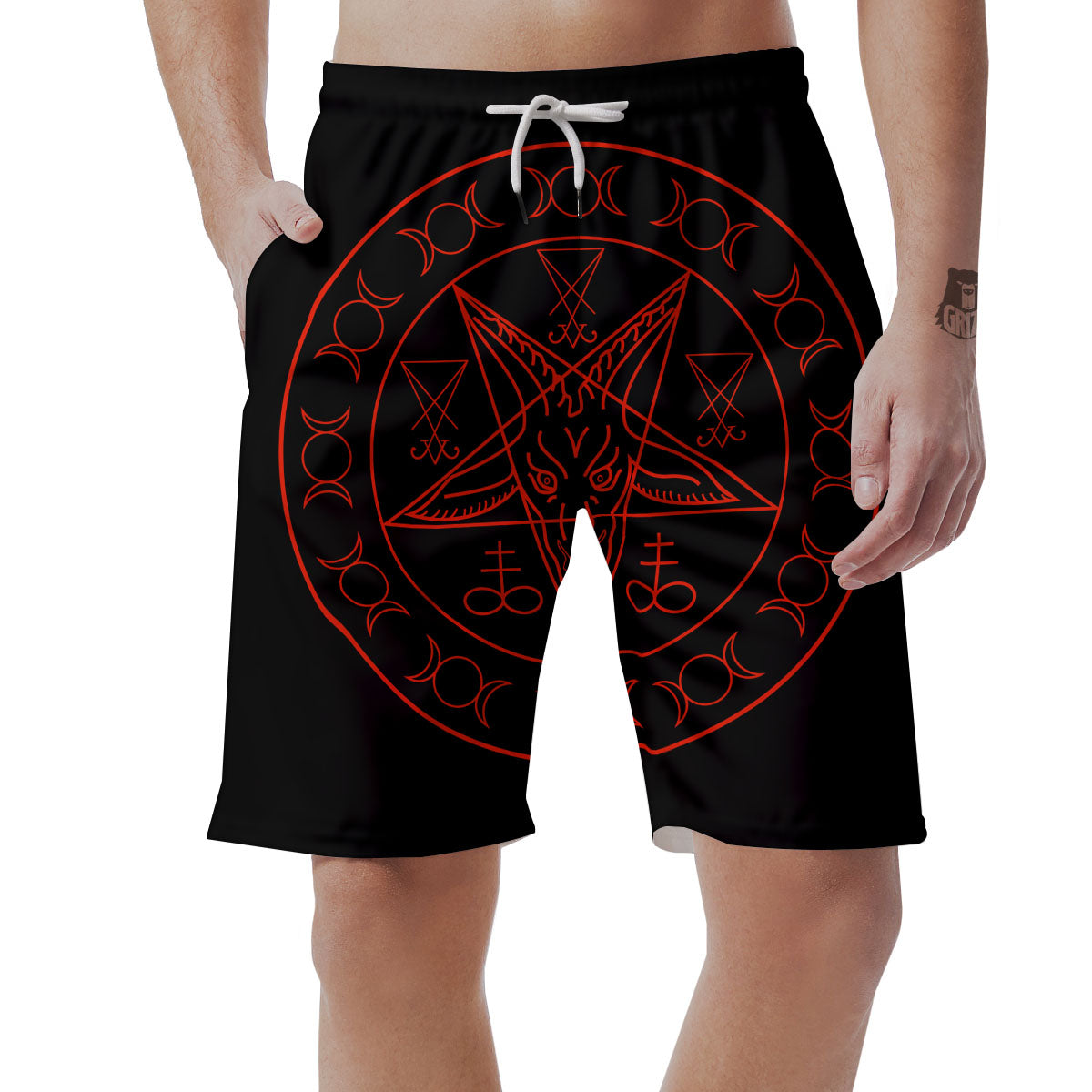 Pentagram Symbol Red Satanic Print Men's Shorts-grizzshop