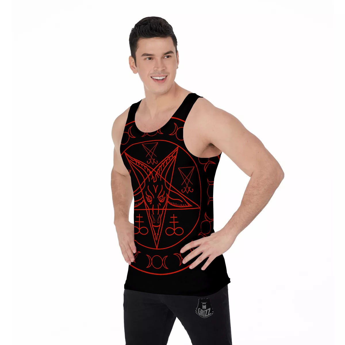 Pentagram Symbol Red Satanic Print Men's Tank Top-grizzshop