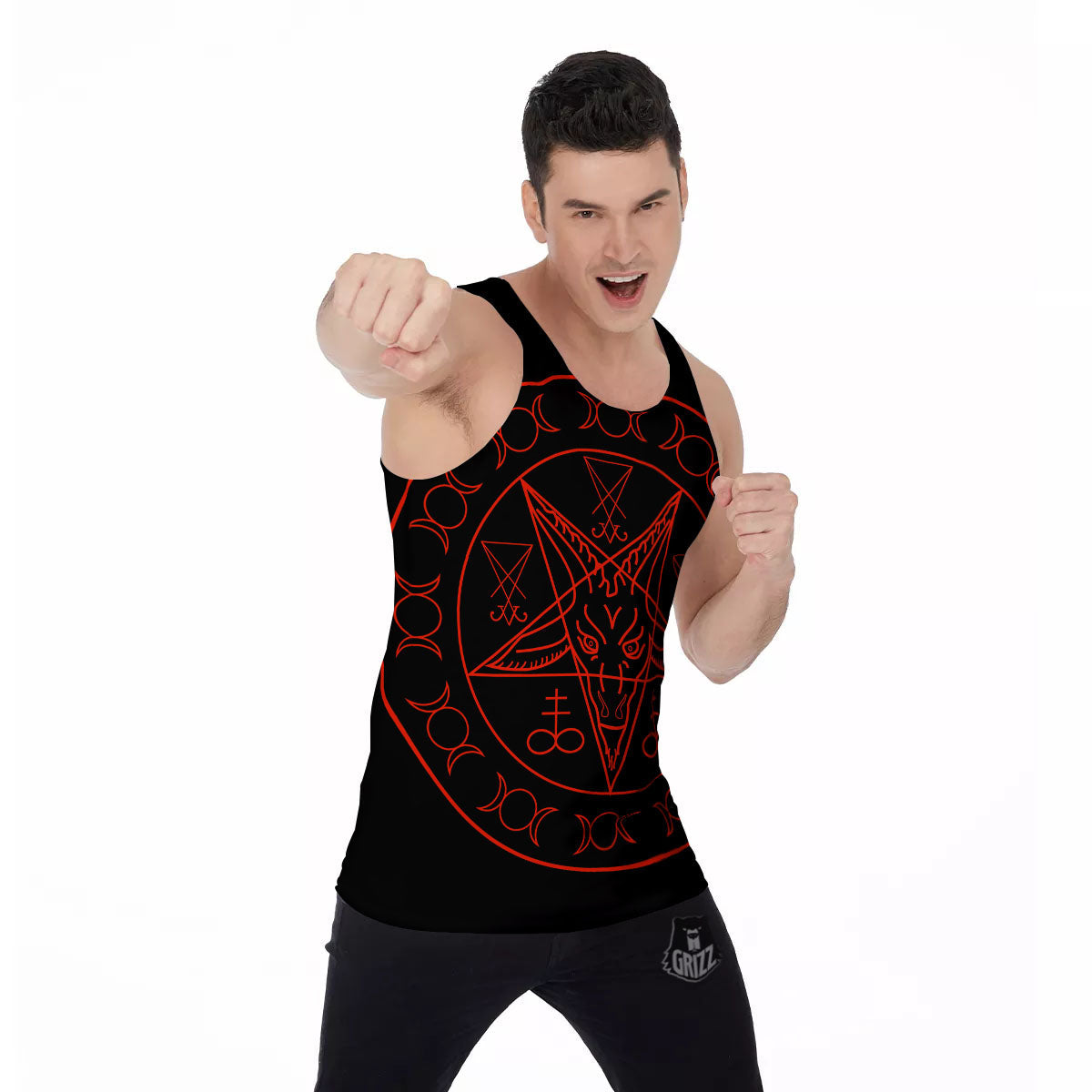 Pentagram Symbol Red Satanic Print Men's Tank Top-grizzshop