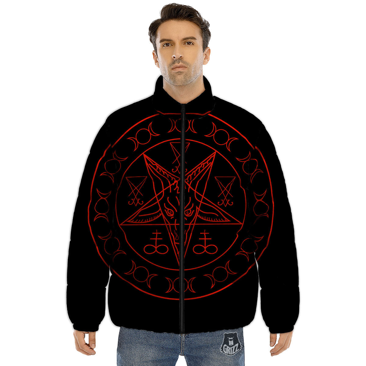 Pentagram Symbol Red Satanic Print Puffer Jacket-grizzshop