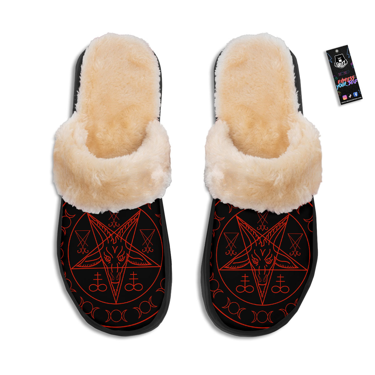 Pentagram Symbol Red Satanic Print Slippers-grizzshop