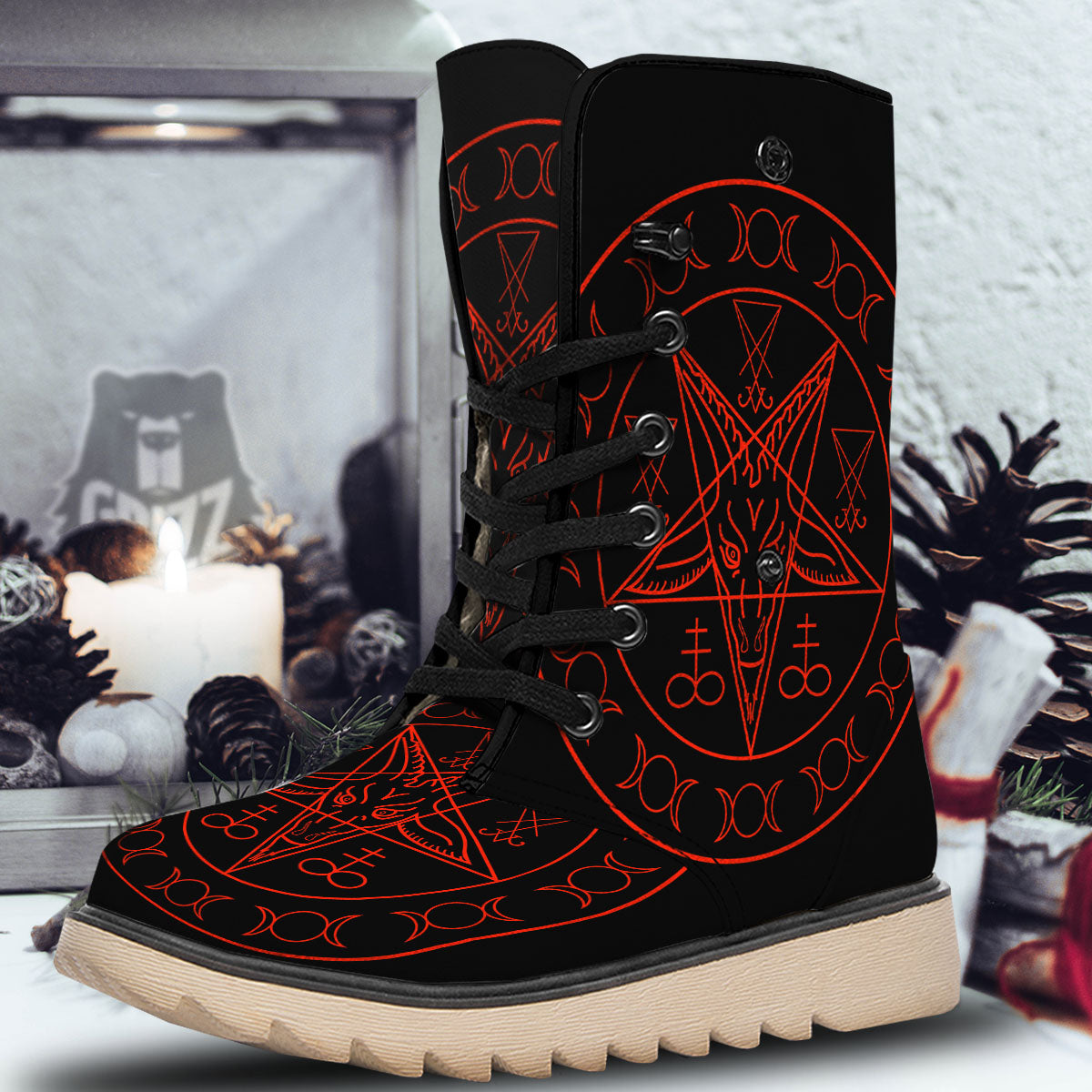 Pentagram Symbol Red Satanic Print Snow Boots-grizzshop