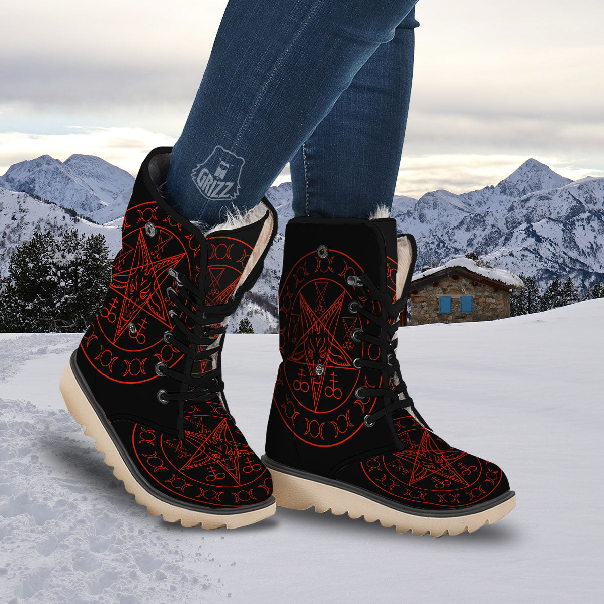 Pentagram Symbol Red Satanic Print Snow Boots-grizzshop
