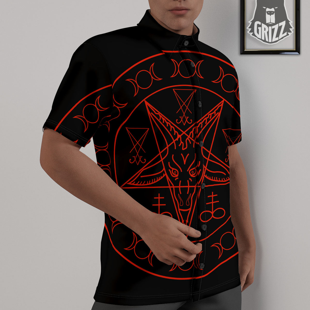 Pentagram Symbol Red Satanic Print Untucked Shirts-grizzshop