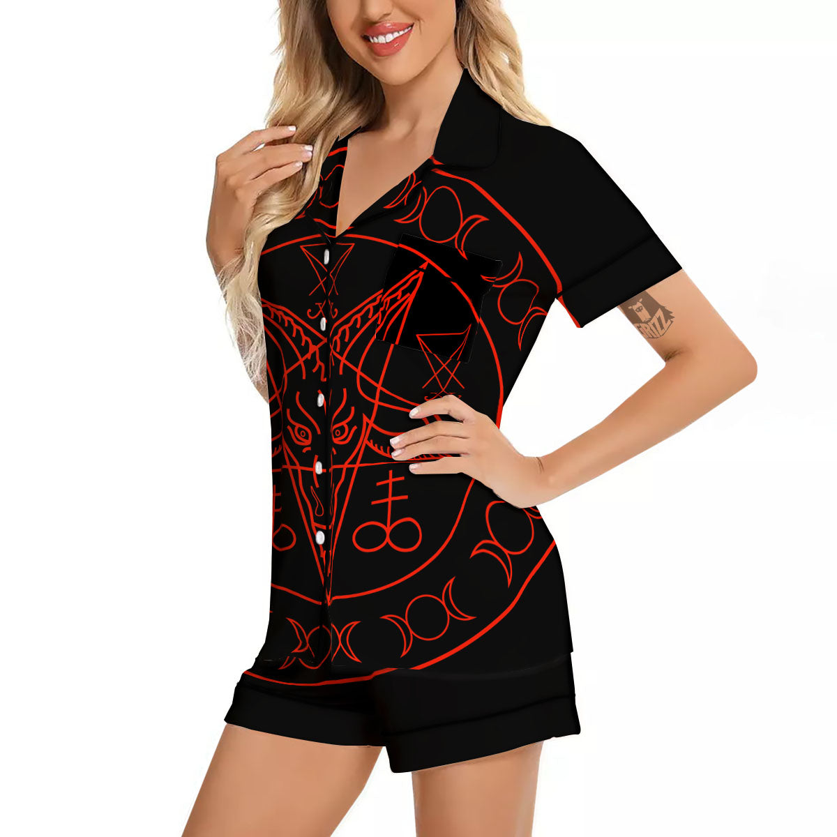 Pentagram Symbol Red Satanic Print Women Silk Pajamas-grizzshop