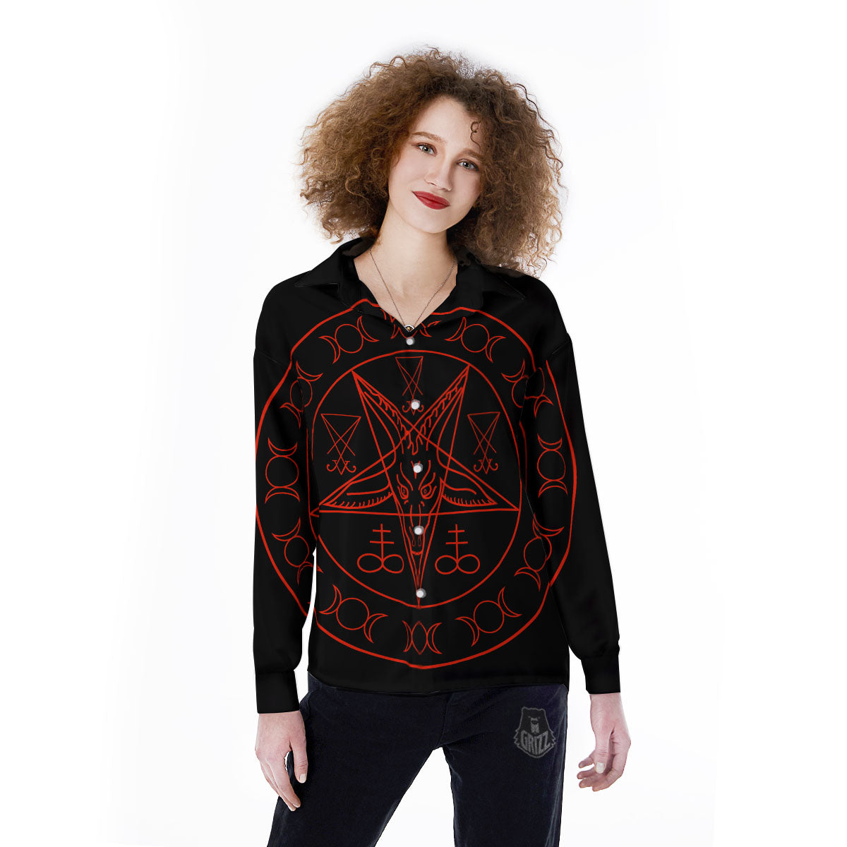 Pentagram Symbol Red Satanic Print Women's Long Sleeve Shirts-grizzshop