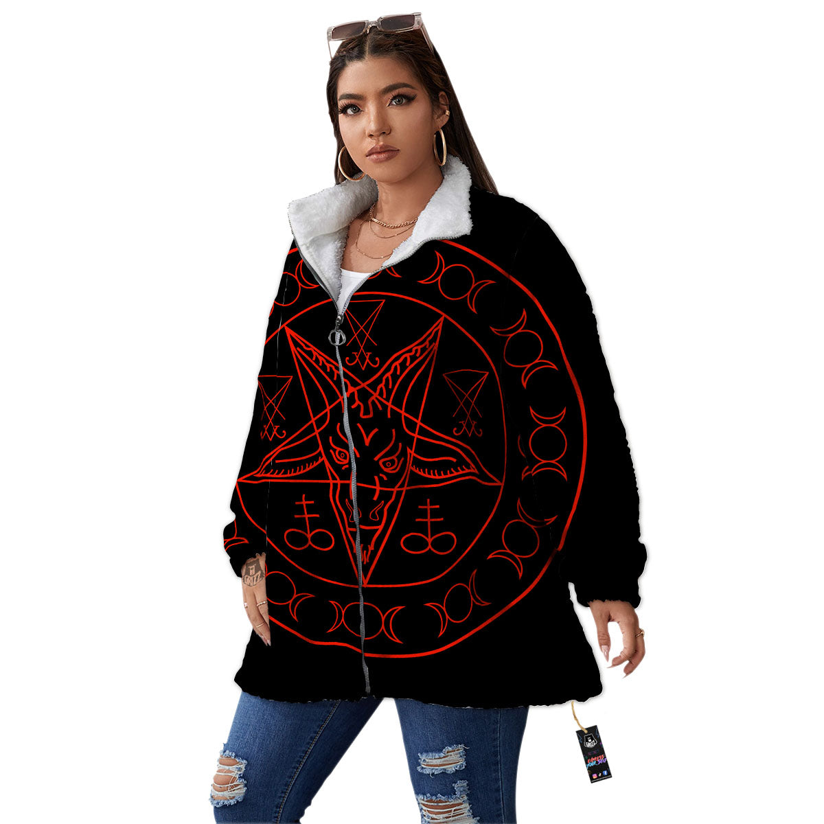 Pentagram Symbol Red Satanic Print Women's Sherpa Jacket-grizzshop