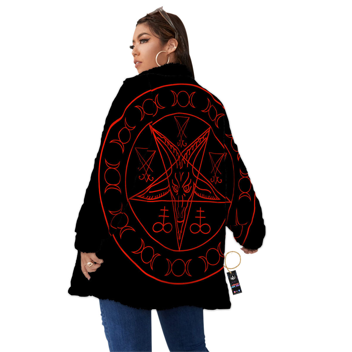 Pentagram Symbol Red Satanic Print Women's Sherpa Jacket-grizzshop