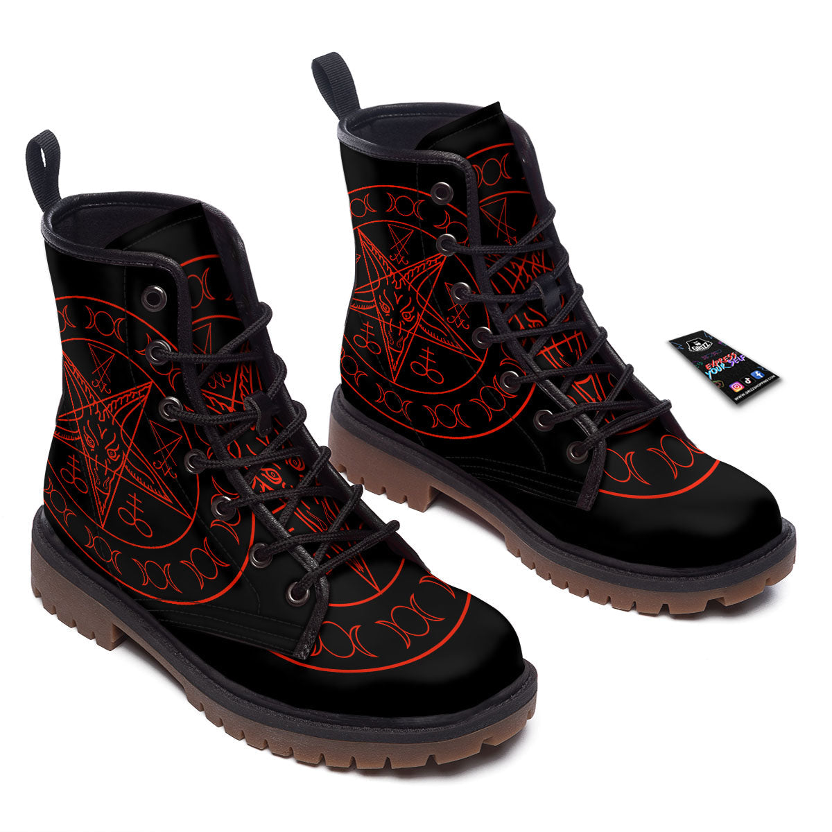 Pentagram Symbol Red Satanic Print Work Boots-grizzshop