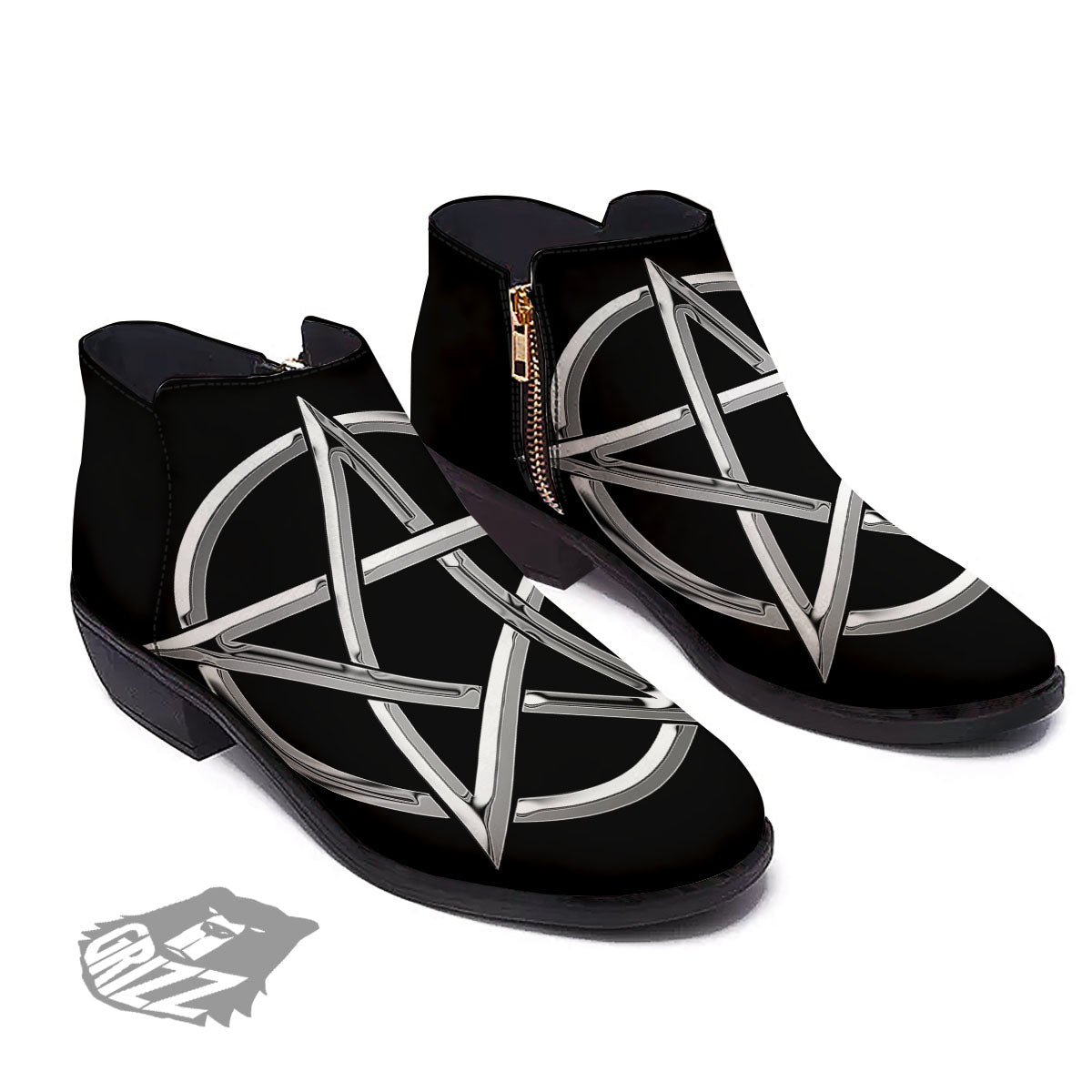Pentagram Symbol White And Black Print Ankle Boots-grizzshop