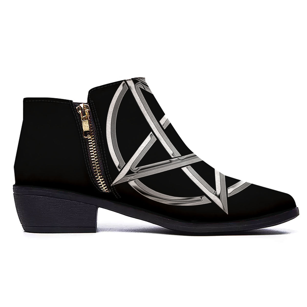 Pentagram Symbol White And Black Print Ankle Boots-grizzshop