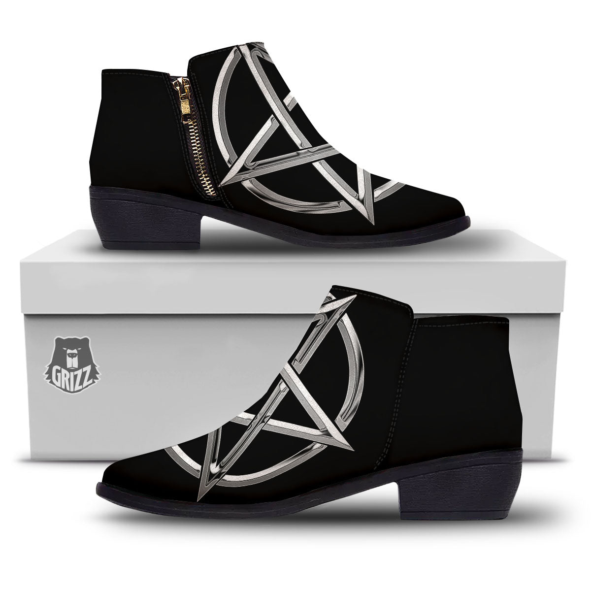 Pentagram Symbol White And Black Print Ankle Boots-grizzshop
