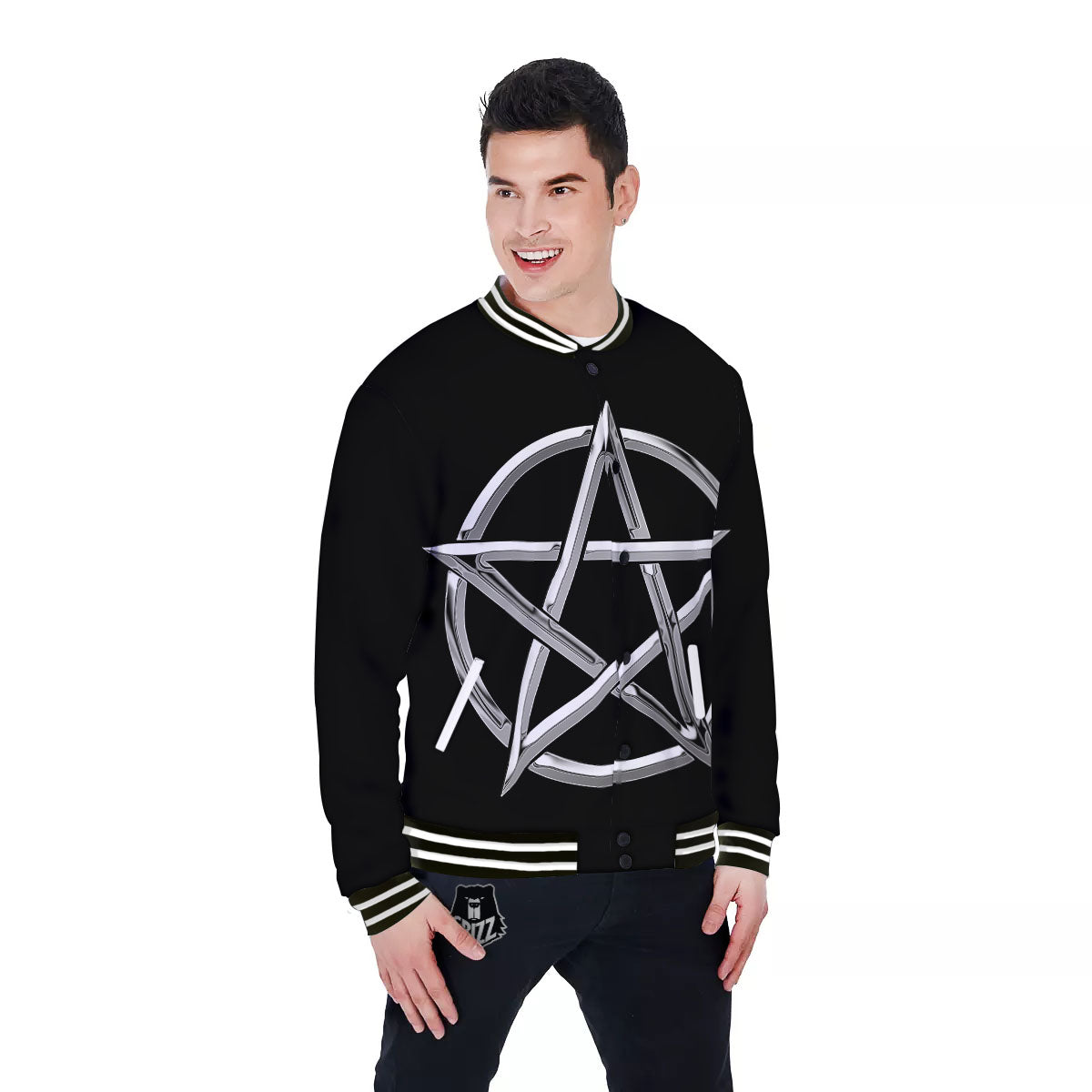 Pentagram Symbol White And Black Print Baseball Jacket-grizzshop