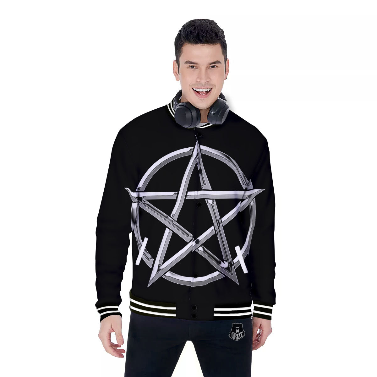 Pentagram Symbol White And Black Print Baseball Jacket-grizzshop