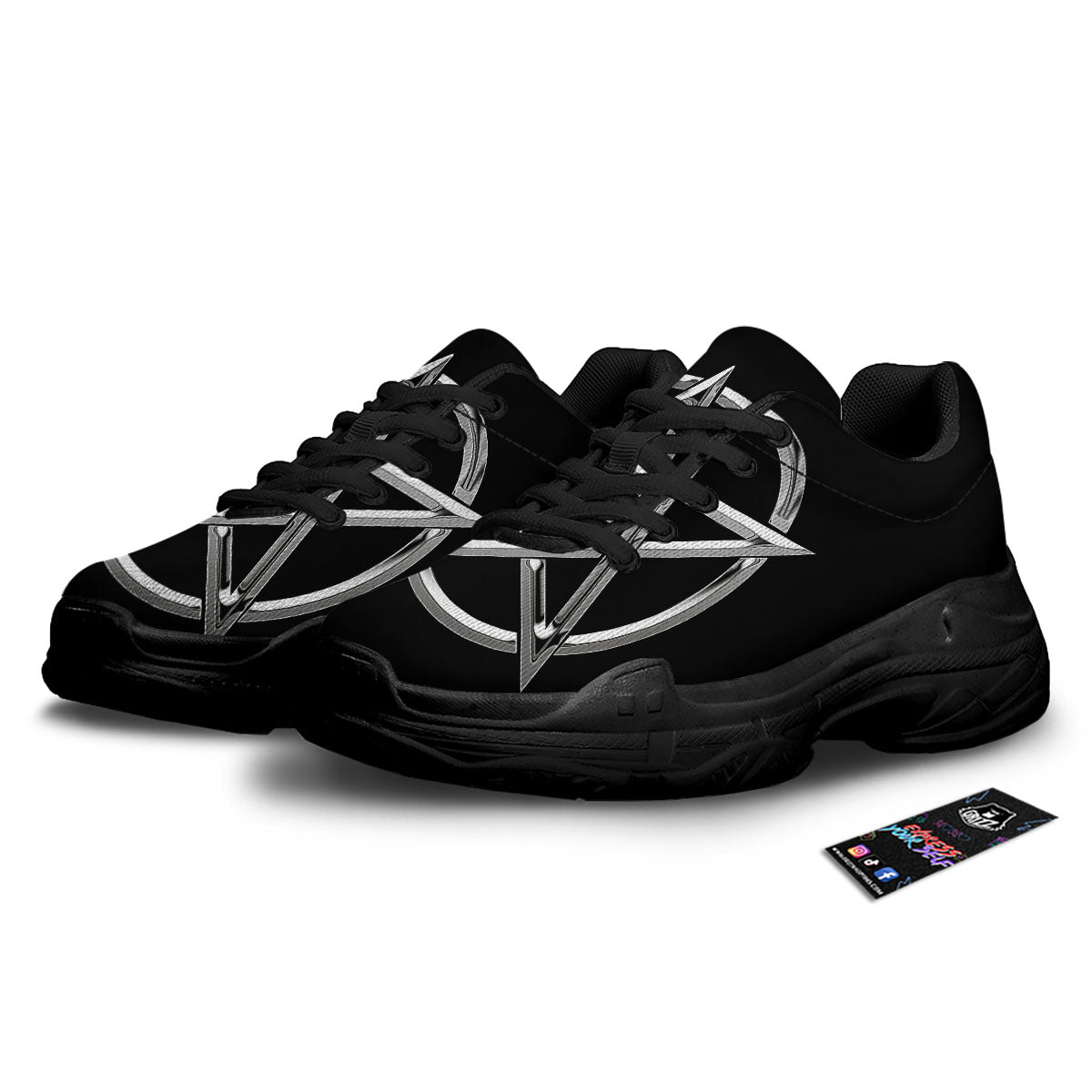 Pentagram Symbol White And Black Print Black Chunky Shoes-grizzshop