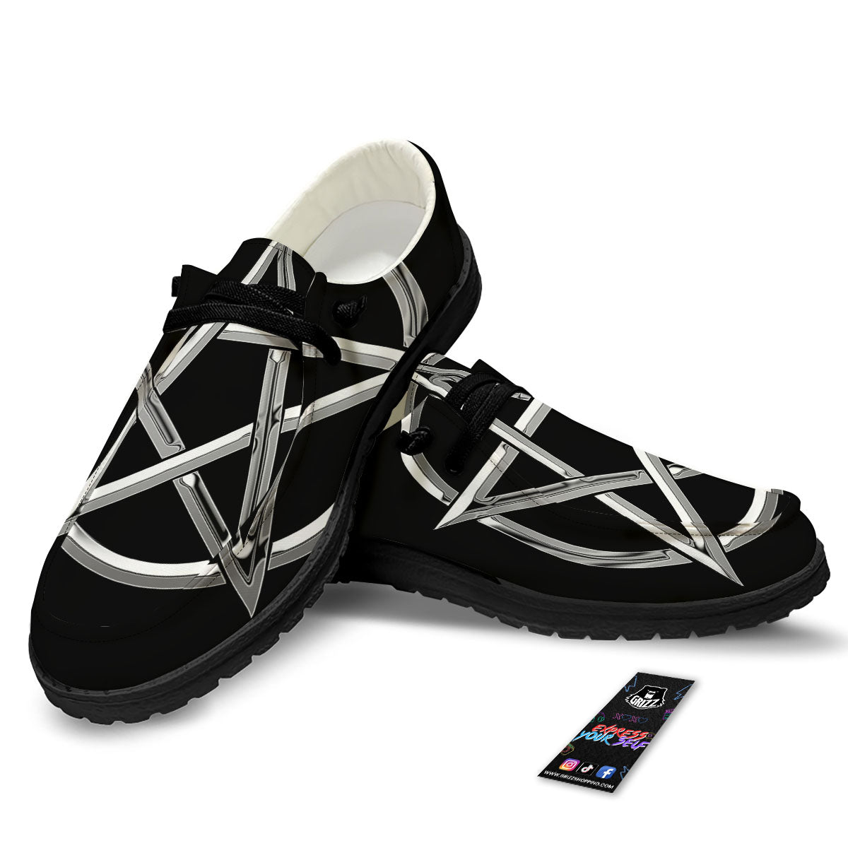 Pentagram Symbol White And Black Print Black Loafers-grizzshop