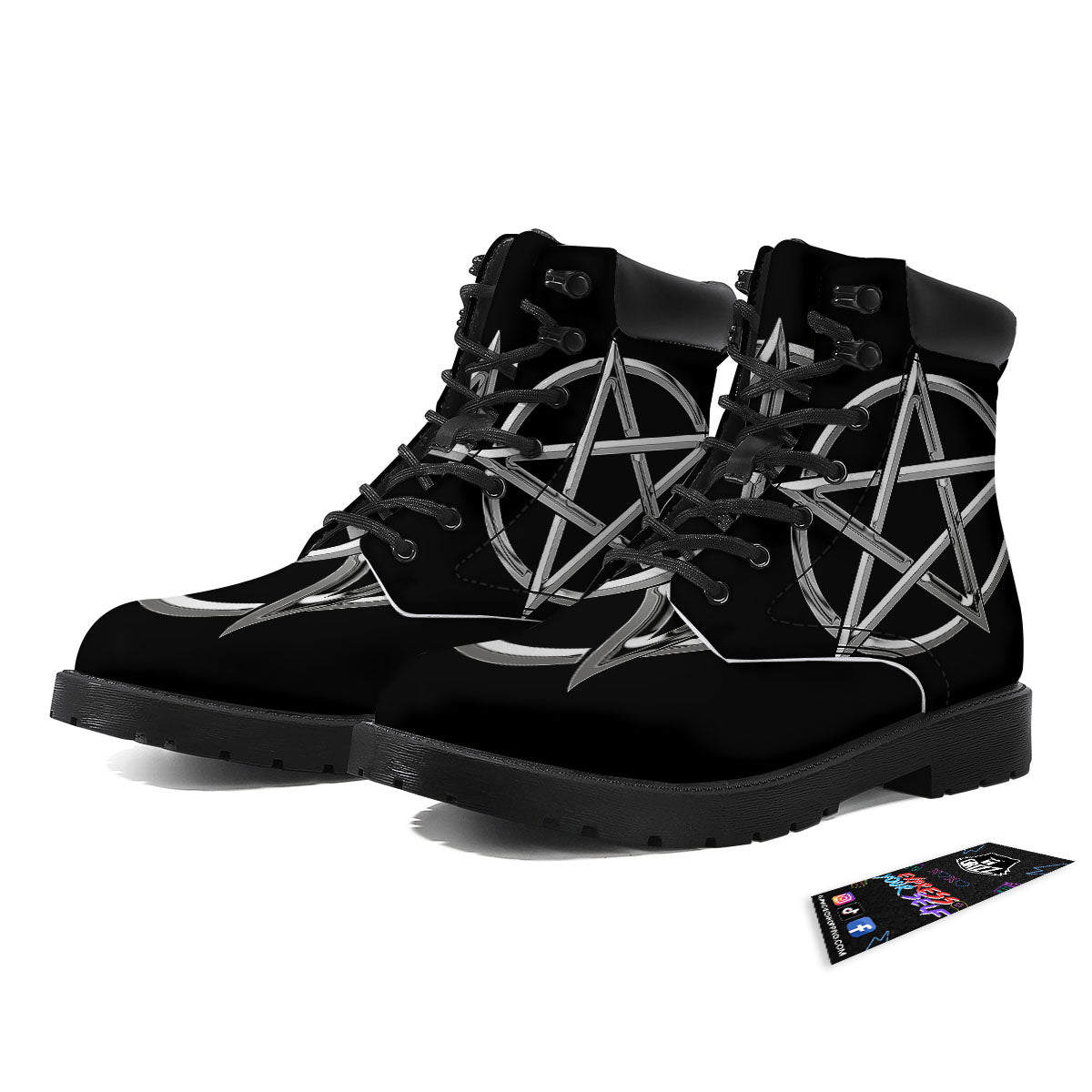 Pentagram Symbol White And Black Print Boots-grizzshop