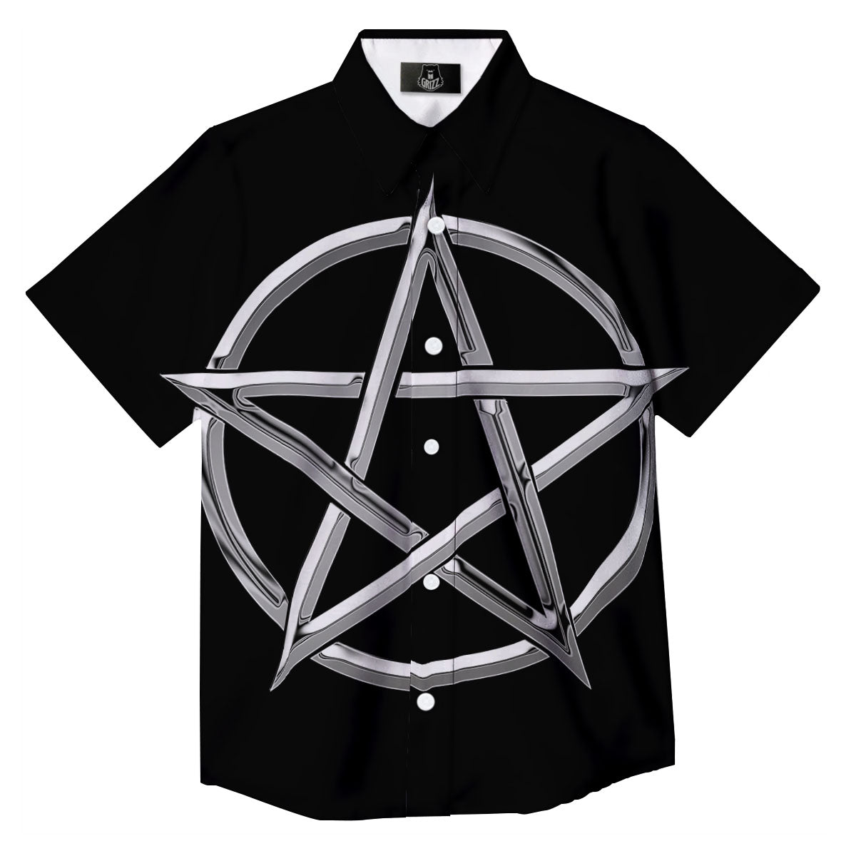 Pentagram Symbol White And Black Print Button Up Shirt-grizzshop