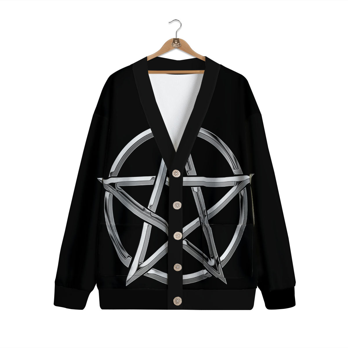 Pentagram Symbol White And Black Print Cardigan-grizzshop